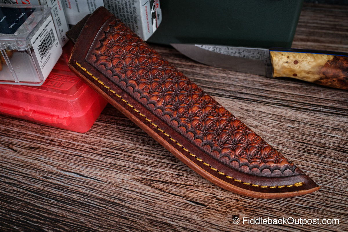 Diomedes Industries Traditional 728 - Leather Belt Sheath - Custom Burial Ground Skull Tooling