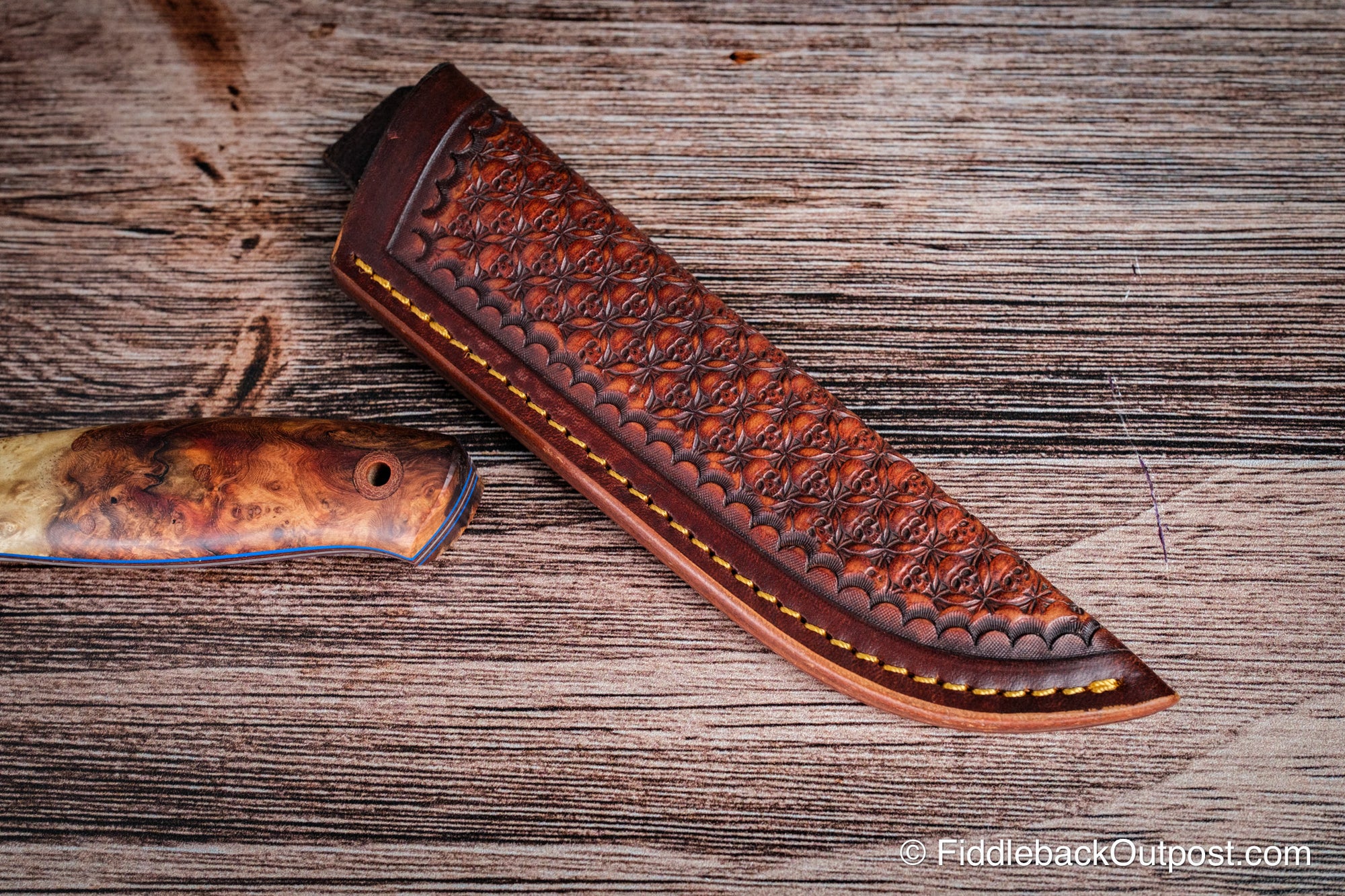 Diomedes Industries Traditional 728 - Leather Belt Sheath - Custom Burial Ground Skull Tooling