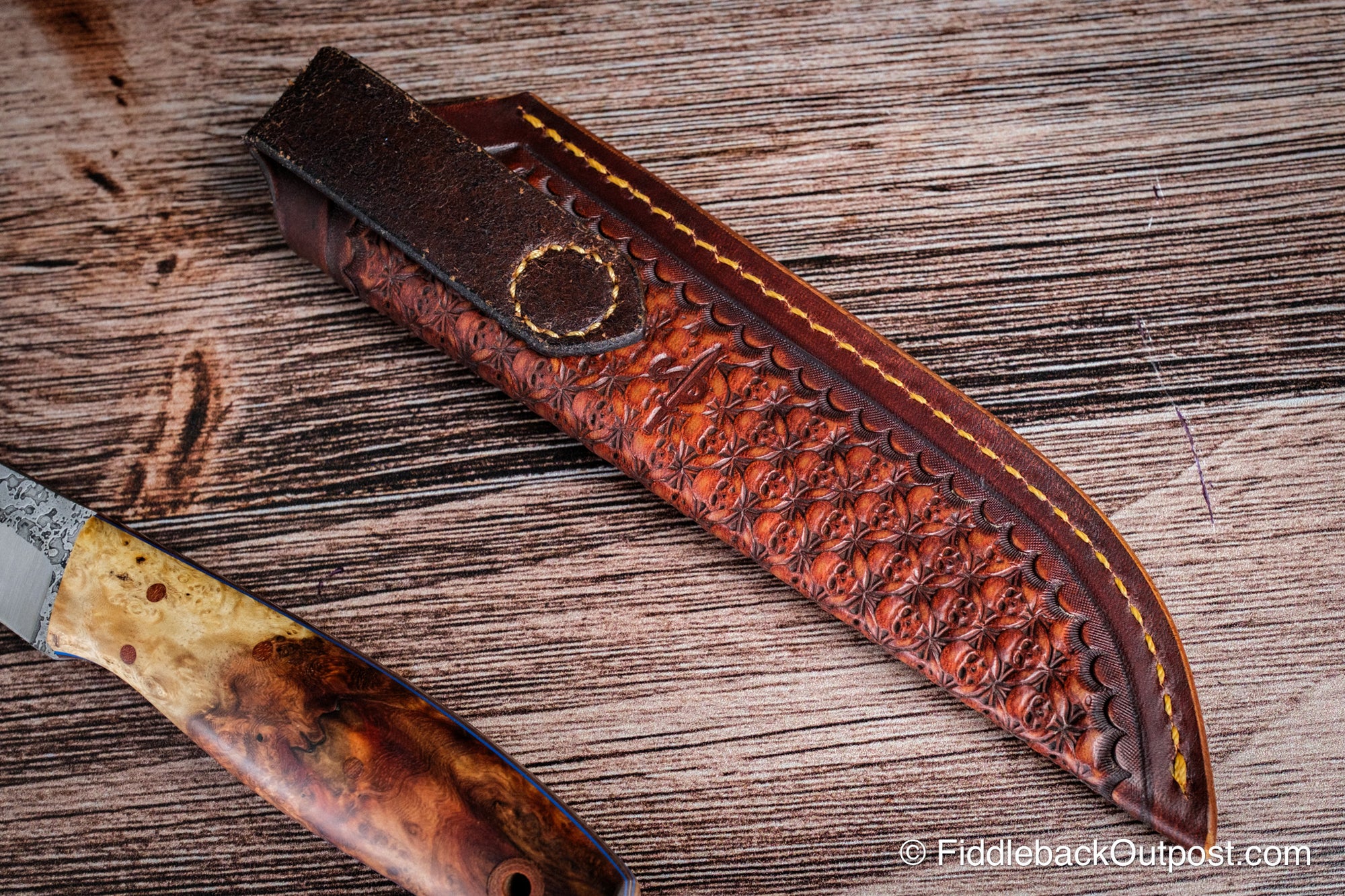 Diomedes Industries Traditional 728 - Leather Belt Sheath - Custom Burial Ground Skull Tooling