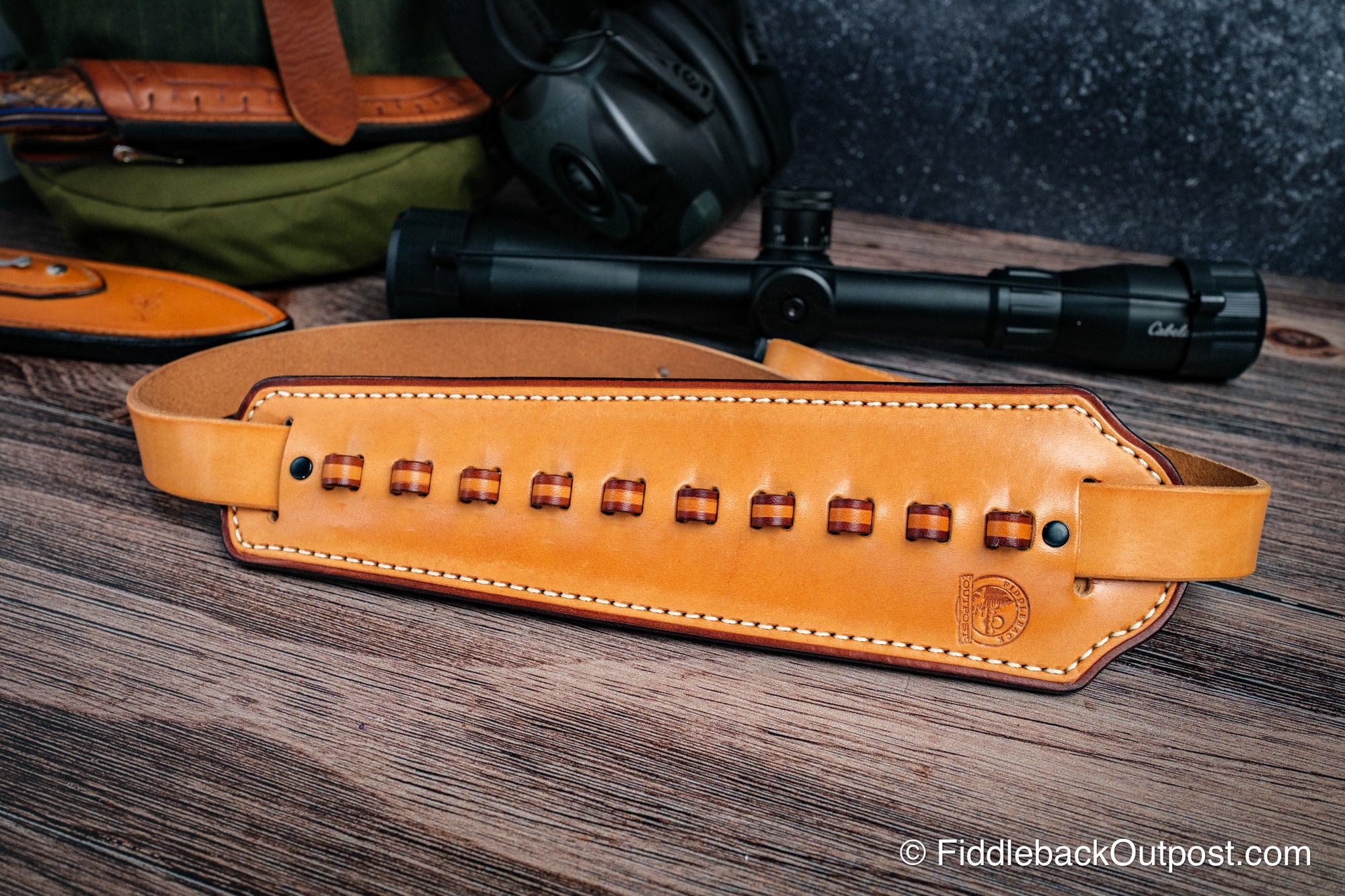 Plain Leather Rifle Shoulder Sling Pad With Ammo Loops - 22 Mag - Fiddleback Outpost