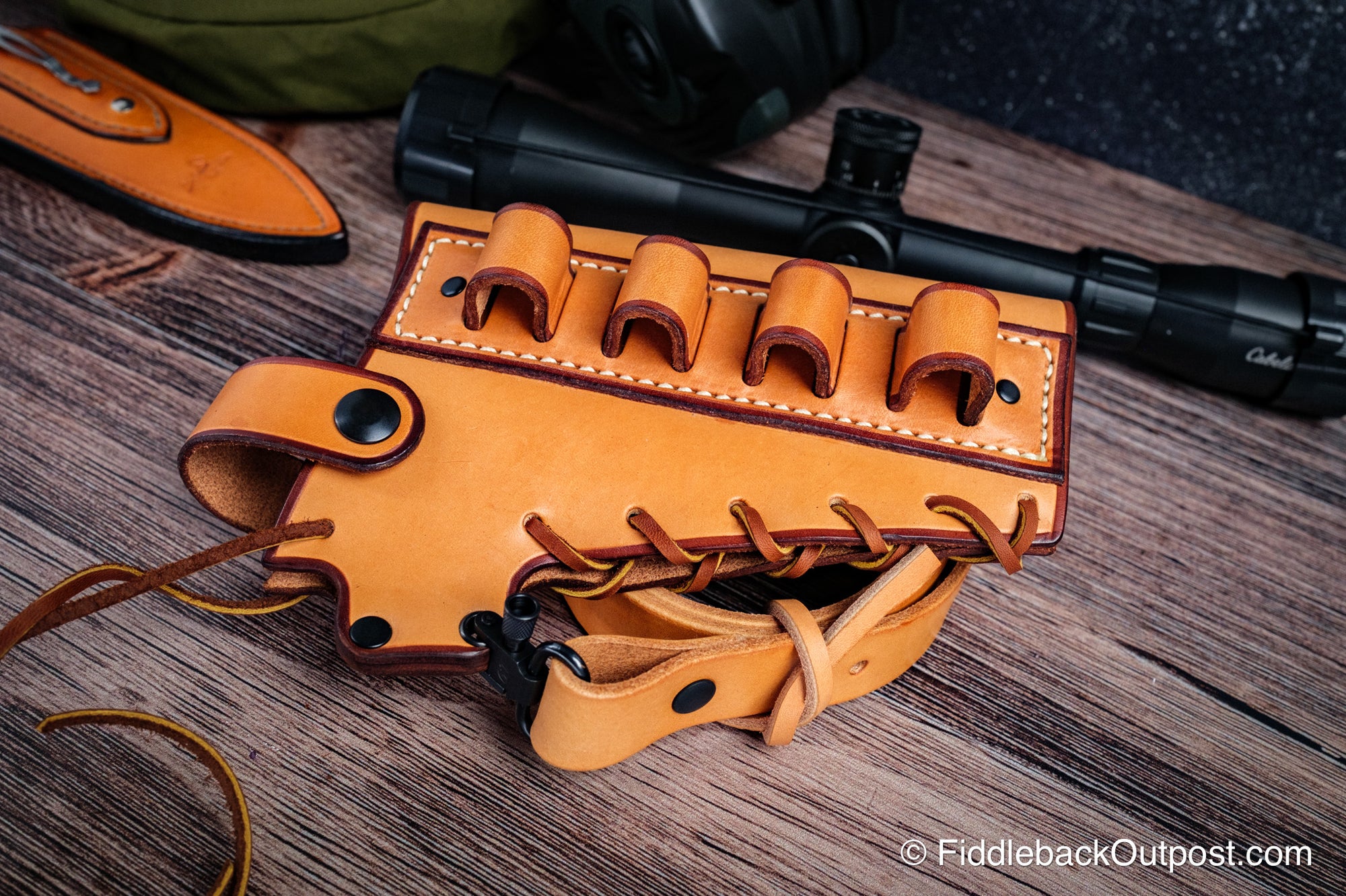 Fiddleback Outpost - Leather Butt Stock Cover and Sling Set - Drill Free Sling For Shotguns - No Drill